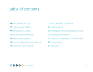 table of contents

05	 what is growth hacking

19	 paid channels  remarketing

07	 the lean marketing funnel

21	 public r...