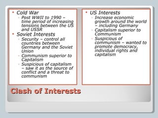 Clash of Interests Cold War Post WWII to 1990 – time period of increasing tensions between the US and USSR Soviet Interests Security – control all countries between Germany and the Soviet Union Communism superior to Capitalism Suspicious of capitalism – saw it as the source of conflict and a threat to communism US Interests Increase economic growth around the world – including Germany Capitalism superior to Communism Suspicious of communism – wanted to promote democracy, individual rights and capitalism 