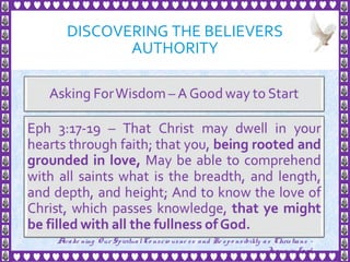 DISCOVERING THE BELIEVERS
AUTHORITY
8
Awake ning Our SpiritualCo nscio usne ss and Re spo nsibility as Christians -
Je sus is Lo rd
 