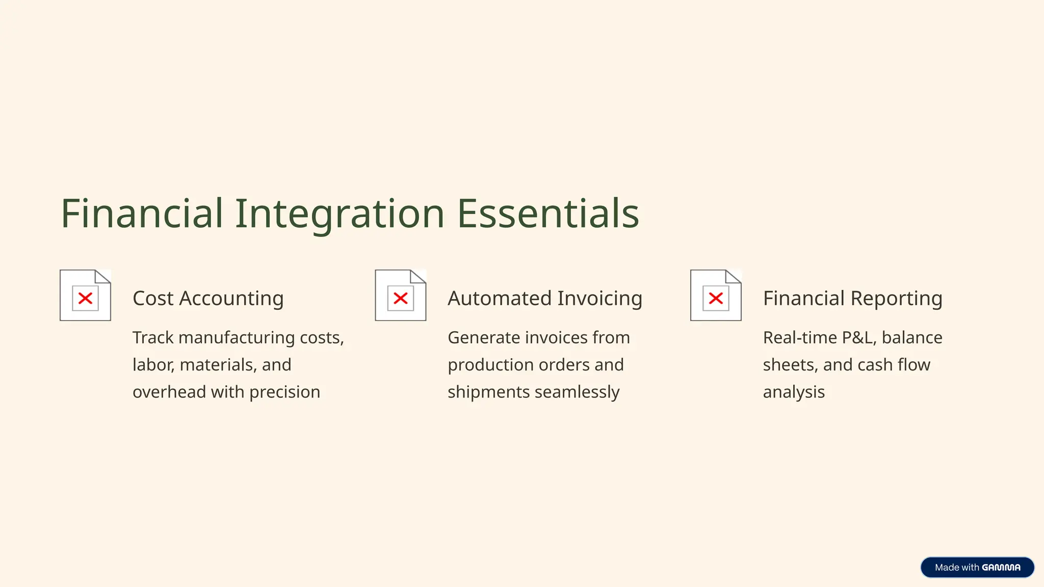 Financial Integration Essentials
Cost Accounting
Track manufacturing costs,
labor, materials, and
overhead with precision
Automated Invoicing
Generate invoices from
production orders and
shipments seamlessly
Financial Reporting
Real-time P&L, balance
sheets, and cash flow
analysis
 