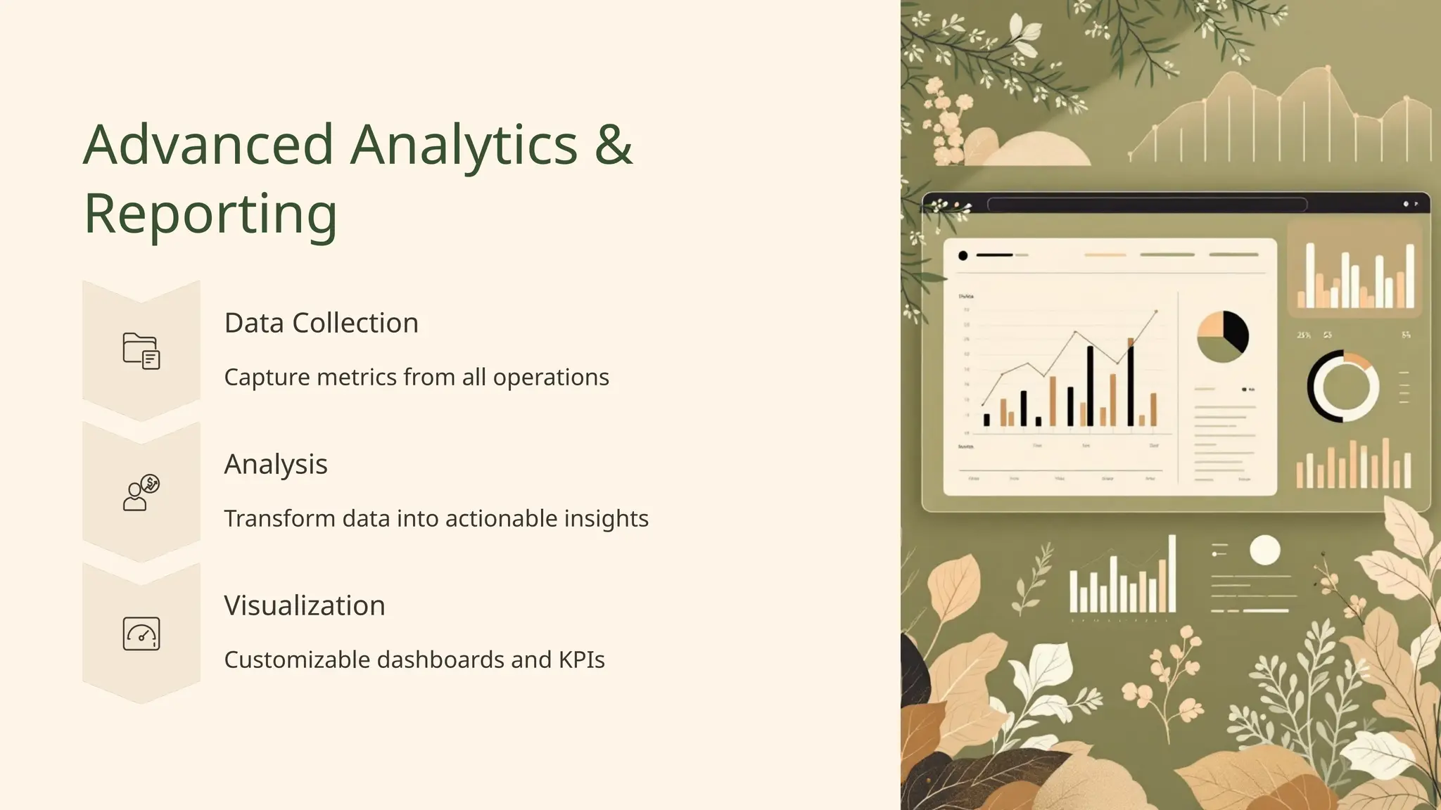 Advanced Analytics &
Reporting
Data Collection
Capture metrics from all operations
Analysis
Transform data into actionable insights
Visualization
Customizable dashboards and KPIs
 