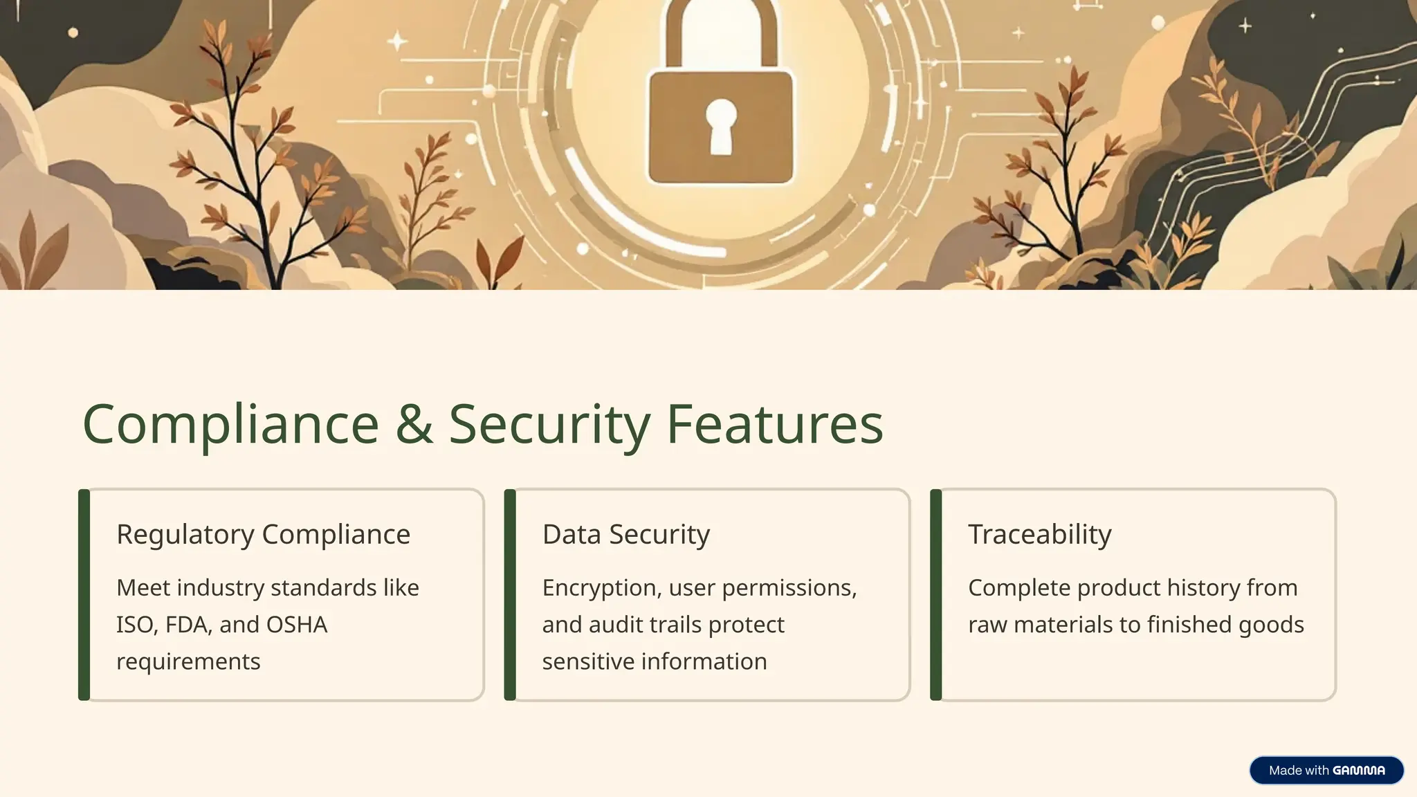 Compliance & Security Features
Regulatory Compliance
Meet industry standards like
ISO, FDA, and OSHA
requirements
Data Security
Encryption, user permissions,
and audit trails protect
sensitive information
Traceability
Complete product history from
raw materials to finished goods
 
