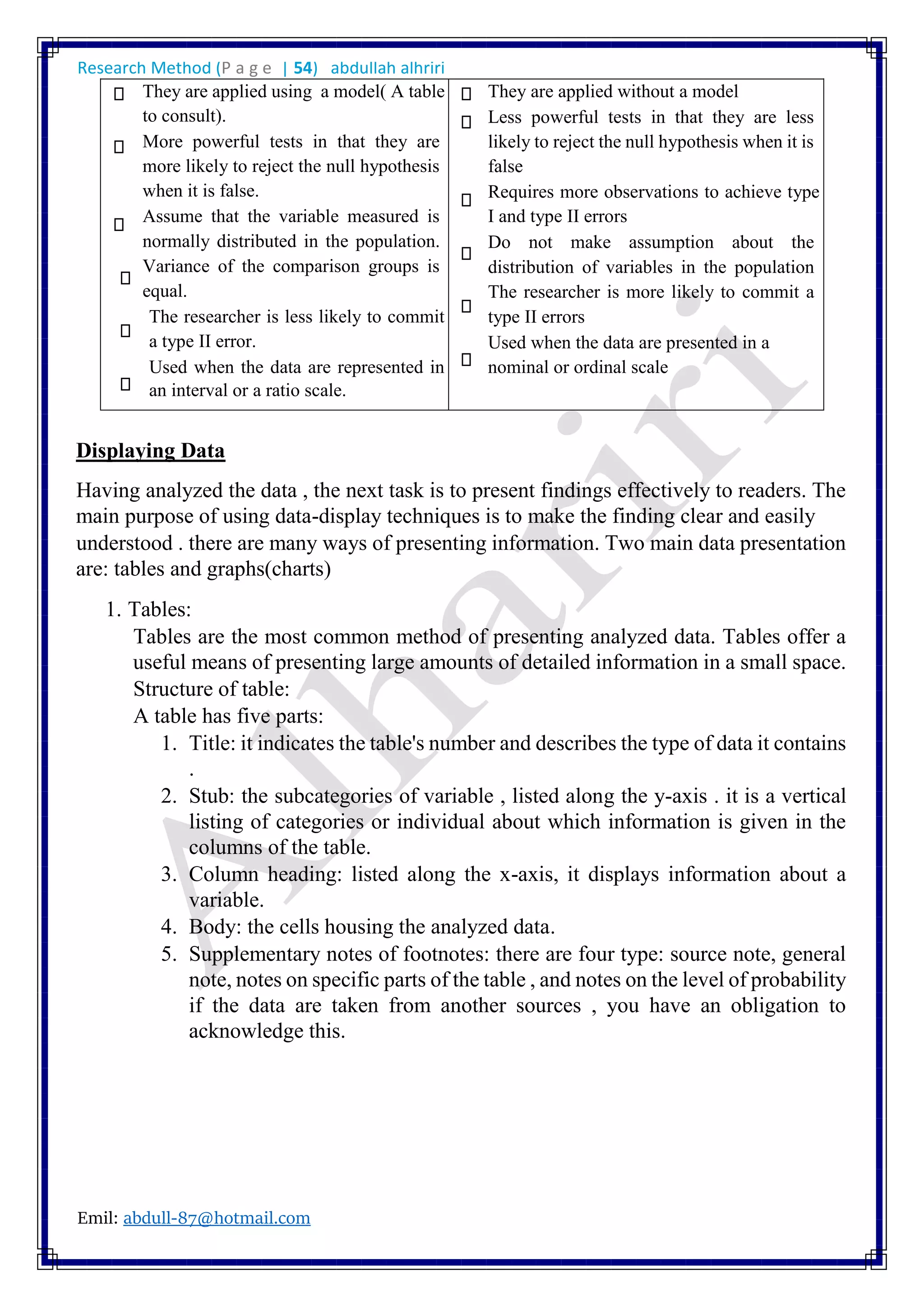Research Method (P a g e | 54) abdullah alhriri
Emil: abdull-87@hotmail.com
They are applied using a model( A table
to consult).
More powerful tests in that they are
more likely to reject the null hypothesis
when it is false.
Assume that the variable measured is
normally distributed in the population.
Variance of the comparison groups is
equal.
The researcher is less likely to commit
a type II error.
Used when the data are represented in
an interval or a ratio scale.
They are applied without a model
Less powerful tests in that they are less
likely to reject the null hypothesis when it is
false
Requires more observations to achieve type
I and type II errors
Do not make assumption about the
distribution of variables in the population
The researcher is more likely to commit a
type II errors
Used when the data are presented in a
nominal or ordinal scale
Displaying Data
Having analyzed the data , the next task is to present findings effectively to readers. The
main purpose of using data-display techniques is to make the finding clear and easily
understood . there are many ways of presenting information. Two main data presentation
are: tables and graphs(charts)
1. Tables:
Tables are the most common method of presenting analyzed data. Tables offer a
useful means of presenting large amounts of detailed information in a small space.
Structure of table:
A table has five parts:
1. Title: it indicates the table's number and describes the type of data it contains
.
2. Stub: the subcategories of variable , listed along the y-axis . it is a vertical
listing of categories or individual about which information is given in the
columns of the table.
3. Column heading: listed along the x-axis, it displays information about a
variable.
4. Body: the cells housing the analyzed data.
5. Supplementary notes of footnotes: there are four type: source note, general
note, notes on specific parts of the table , and notes on the level of probability
if the data are taken from another sources , you have an obligation to
acknowledge this.
 