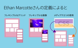 CSS
フレキシブルなグリッド フレキシブルな画像 メディアクエリの使用
Ethan Marcotteさんの定義によると
 