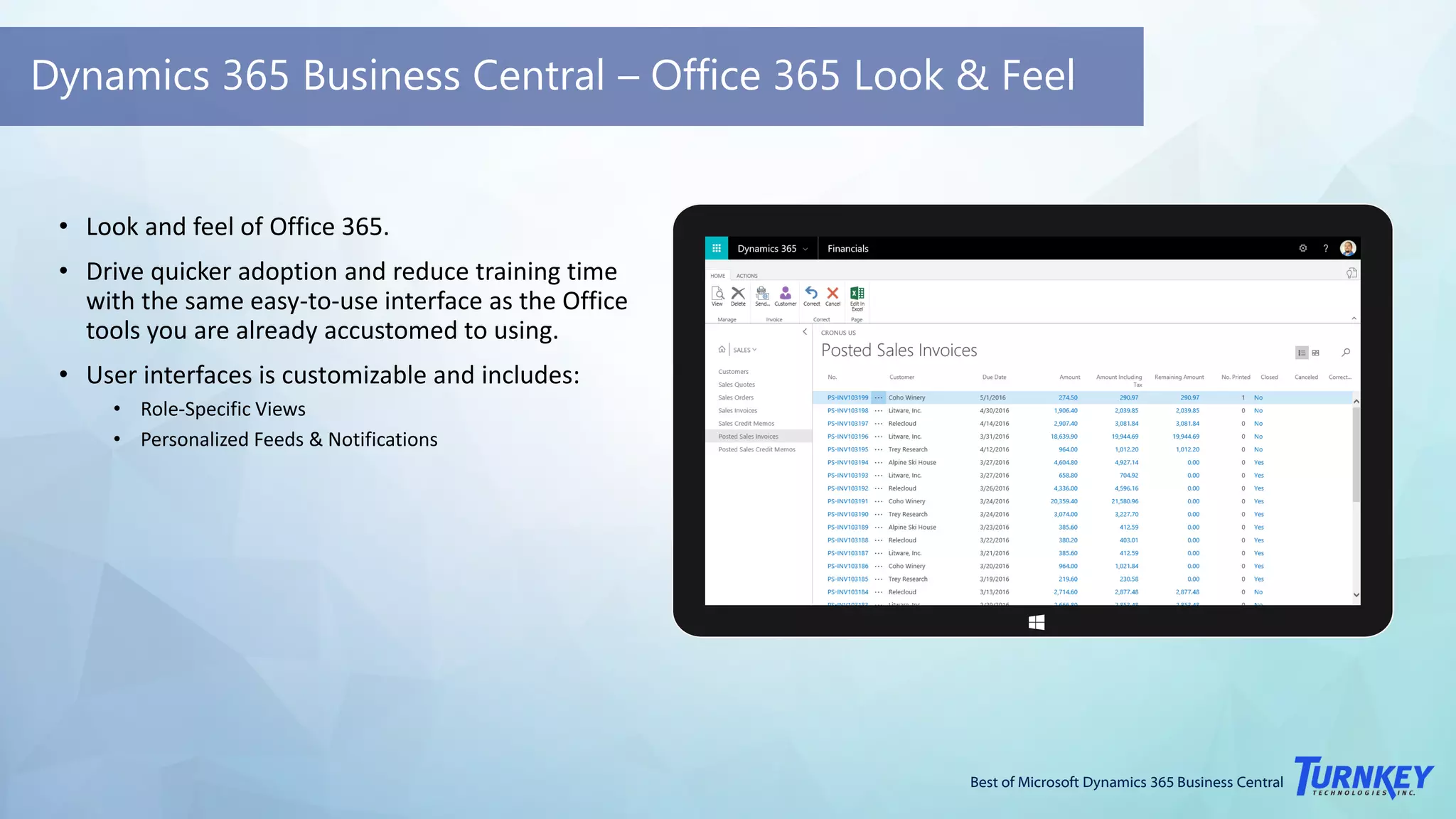 Best of Microsoft Dynamics 365 Business Central
Dynamics 365 Business Central – Office 365 Look & Feel
• Look and feel of Office 365.
• Drive quicker adoption and reduce training time
with the same easy-to-use interface as the Office
tools you are already accustomed to using.
• User interfaces is customizable and includes:
• Role-Specific Views
• Personalized Feeds & Notifications
 