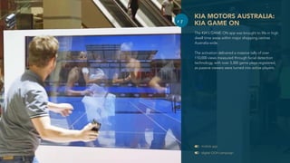 KIA MOTORS AUSTRALIA:
KIA GAME ON
The KIA's GAME ON app was brought to life in high
dwell time areas within major shopping...