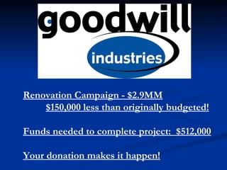 Renovation Campaign - $2.9MM $150,000 less than originally budgeted! Funds needed to complete project:  $512,000 Your donation makes it happen! 