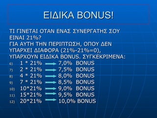 ΕΙΔΙΚΑ  BONUS! ΤΙ ΓΙΝΕΤΑΙ ΟΤΑΝ ΕΝΑΣ   ΣΥΝΕΡΓΑΤΗΣ ΣΟΥ ΕΙΝΑΙ 21%? ΓΙΑ ΑΥΤΗ ΤΗΝ ΠΕΡΙΠΤΩΣΗ, ΟΠΟΥ ΔΕΝ ΥΠΑΡΧΕΙ ΔΙΑΦΟΡΑ (21%-21%=0), ΥΠΑΡΧΟΥΝ ΕΙΔΙΚΑ  BONUS.  ΣΥΓΚΕΚΡΙΜΕΝΑ : 1 * 21%   7,0%  BONUS 2 * 21%  7,5%  BONUS 4 * 21%  8,0%  BONUS 7 * 21%  8,5%  BONUS 10*21%  9,0%  BONUS 15*21%  9,5%  BONUS 20*21%  10,0% BONUS 