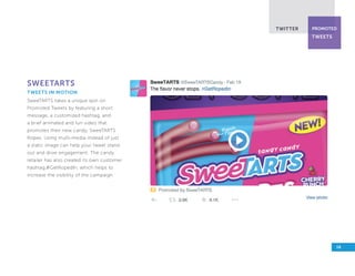 sweetarts
tweets in motion
SweeTARTS takes a unique spin on
Promoted Tweets by featuring a short
message, a customized has...