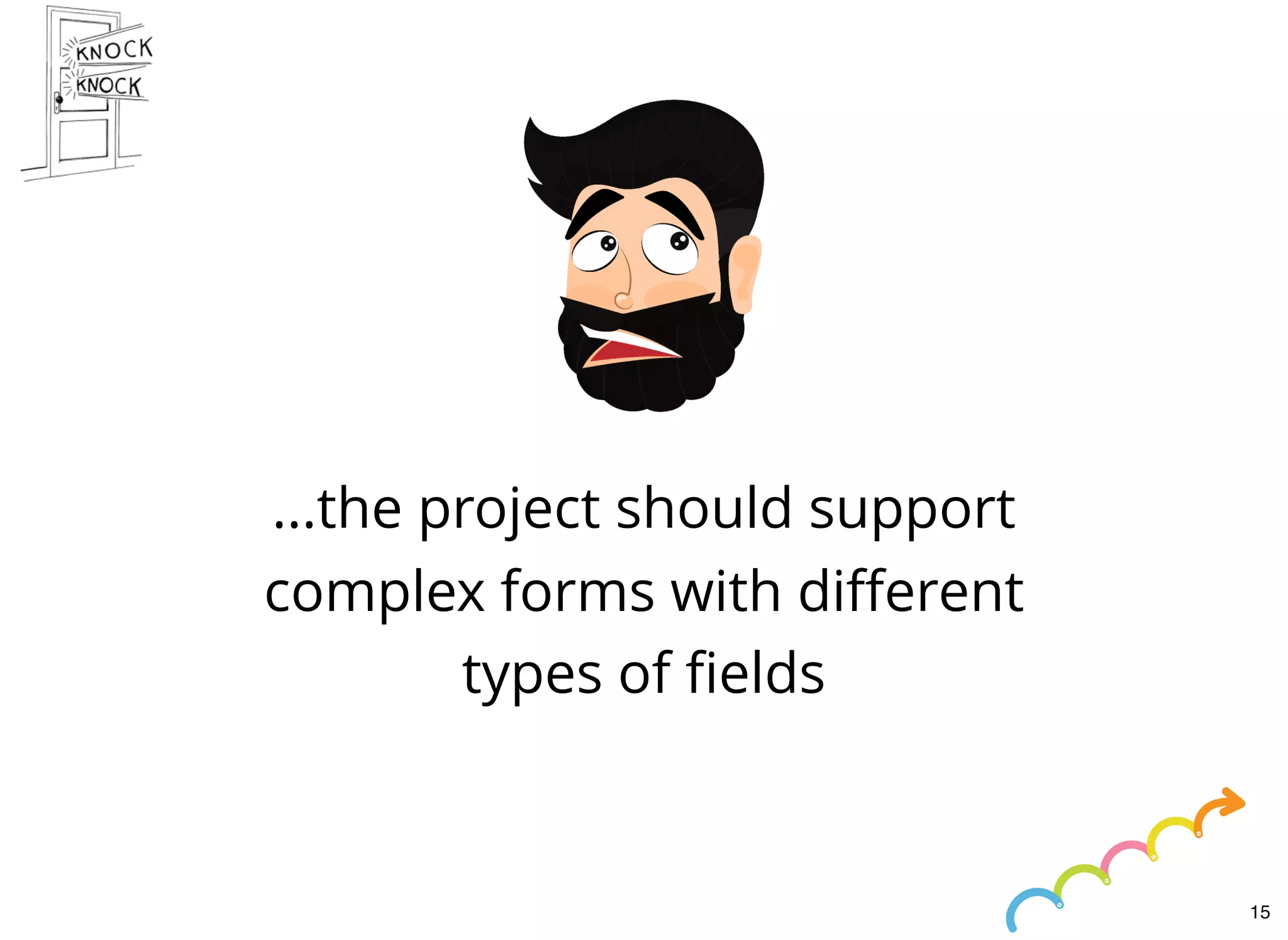 ...the project should support
complex forms with diﬀerent
types of ﬁelds
15
 