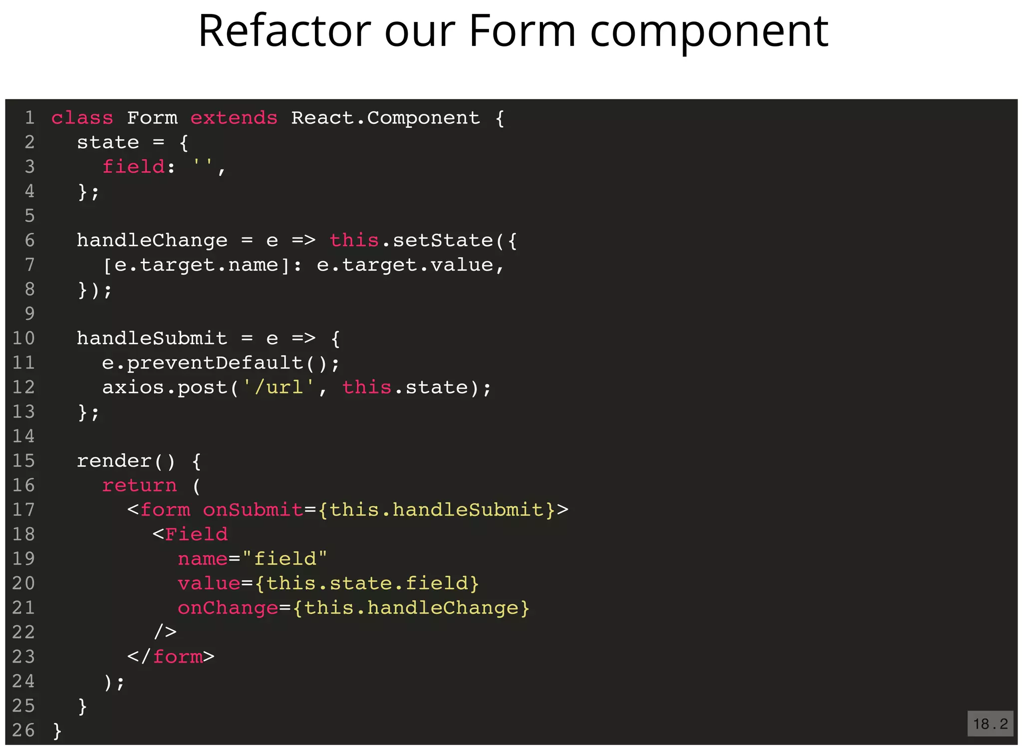 class Form extends React.Component {
state = {
field: '',
};
handleChange = e => this.setState({
[e.target.name]: e.target.value,
});
handleSubmit = e => {
e.preventDefault();
axios.post('/url', this.state);
};
render() {
return (
<form onSubmit={this.handleSubmit}>
<Field
name="field"
value={this.state.field}
onChange={this.handleChange}
/>
</form>
);
}
}
1
2
3
4
5
6
7
8
9
10
11
12
13
14
15
16
17
18
19
20
21
22
23
24
25
26
Refactor our Form component
18 . 2
 