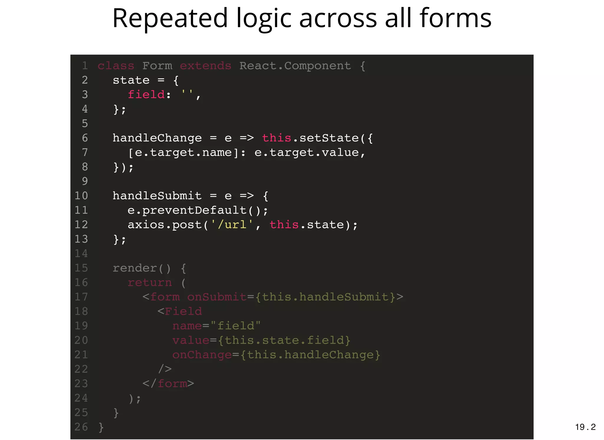 state = {
field: '',
};
handleChange = e => this.setState({
[e.target.name]: e.target.value,
});
handleSubmit = e => {
e.preventDefault();
axios.post('/url', this.state);
};
class Form extends React.Component {1
2
3
4
5
6
7
8
9
10
11
12
13
14
render() {15
return (16
<form onSubmit={this.handleSubmit}>17
<Field18
name="field"19
value={this.state.field}20
onChange={this.handleChange}21
/>22
</form>23
);24
}25
}26
Repeated logic across all forms
19 . 2
 