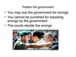 Petition the government You may sue the government for wrongs You cannot be punished for exposing wrongs by the government The courts decide the wrongs 