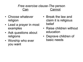 Free exercise clause-The  person Can     Cannot Choose whatever religion Lead a prayer in most examples Ask questions about religions  Worship who ever you want Break the law and claim it is religious belief Raise children without education Deprave children of basic needs 