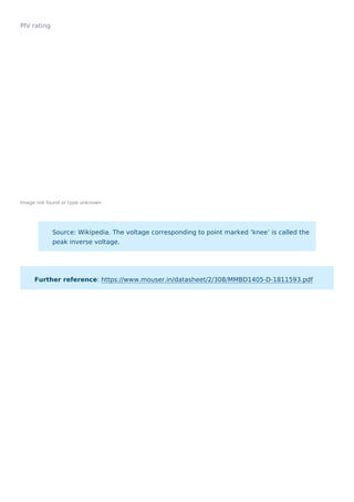 PIV rating
Image not found or type unknown
Source: Wikipedia. The voltage corresponding to point marked ‘knee’ is called the
peak inverse voltage.
Further reference: https://www.mouser.in/datasheet/2/308/MMBD1405-D-1811593.pdf
 