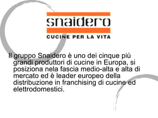 Il gruppo Snaidero è uno dei cinque più grandi produttori di cucine in Europa, si posiziona nela fascia medio-alta e alta di mercato ed è leader europeo della distribuzione in franchising di cucine ed elettrodomestici.  