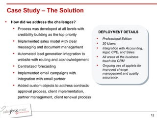 Case Study – The Solution  How did we address the challenges? Process was developed at all levels with credibility building as the top priority Implemented sales model with clear messaging and document management Automated lead generation integration to website with routing and acknowledgement Centralized forecasting Implemented email campaigns with integration with email partner Added custom objects to address contracts approval process, client implementation, partner management, client renewal process Professional Edition 30 Users Integration with Accounting, legal, CPE, and Sales All areas of the business touch the CRM Ongoing use of applets for improved change management and quality assurance.  DEPLOYMENT DETAILS 