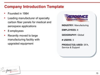 Company Introduction Template  Founded in 1984 Leading manufacturer of specialty carbon fiber panels for medical and aerospace applications 8 employees Recently moved to large manufacturing facility with upgraded equipment INDUSTRY:  Manufacturing EMPLOYEES:  8 GEOGRAPHY:  Global PRODUCT(S) USED:  SFA, Service & Support # USERS:  5 