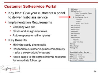 Customer Self-service Portal  Key Idea: Give your customers a portal to deliver first-class service Implementation Requirements Company web site Cases and assignment rules Auto-response email templates Key Benefits Minimize costly phone calls Respond to customer inquiries immediately –  with a personalized message Route cases to the correct internal resource for immediate follow up 