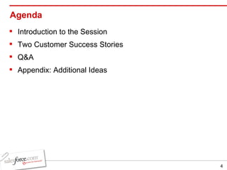 Agenda Introduction to the Session Two Customer Success Stories Q&A Appendix: Additional Ideas 