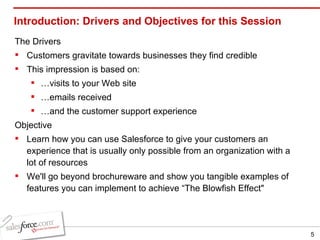 Introduction: Drivers and Objectives for this Session The Drivers Customers gravitate towards businesses they find credible  This impression is based on:  … visits to your Web site … emails received … and the customer support experience Objective Learn how you can use Salesforce to give your customers an experience that is usually only possible from an organization with a lot of resources  We'll go beyond brochureware and show you tangible examples of features you can implement to achieve “The Blowfish Effect&quot; 