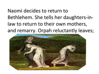 Naomi decides to return to Bethlehem. She tells her daughters-in-law to return to their own mothers, and remarry. Orpah reluctantly leaves;  