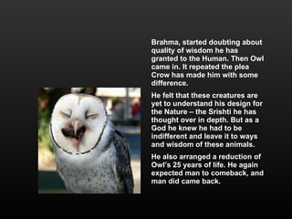 Brahma, started doubting about quality of wisdom he has granted to the Human. Then Owl came in. It repeated the plea Crow has made him with some difference.  He felt that these creatures are yet to understand his design for the Nature – the Srishti he has thought over in depth. But as a God he knew he had to be indifferent and leave it to ways and wisdom of these animals. He also arranged a reduction of Owl’s 25 years of life. He again  expected man to comeback, and man did came back.  