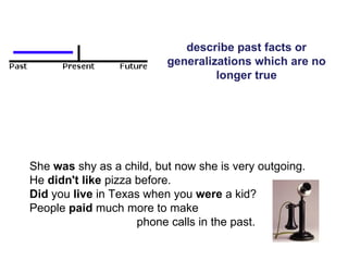 describe past facts or generalizations which are no longer true She  was  shy as a child, but now she is very outgoing.  He  didn't like  pizza before.  Did  you  live  in Texas when you  were  a kid?  People  paid  much more to make  phone calls in the past.  