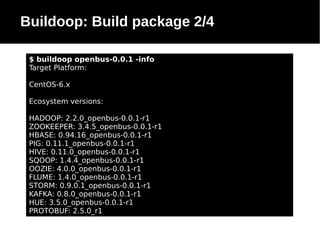 Buildoop: Build package 2/4
$ buildoop openbus-0.0.1 -info
Target Platform:
CentOS-6.x
Ecosystem versions:
HADOOP: 2.2.0_openbus-0.0.1-r1
ZOOKEEPER: 3.4.5_openbus-0.0.1-r1
HBASE: 0.94.16_openbus-0.0.1-r1
PIG: 0.11.1_openbus-0.0.1-r1
HIVE: 0.11.0_openbus-0.0.1-r1
SQOOP: 1.4.4_openbus-0.0.1-r1
OOZIE: 4.0.0_openbus-0.0.1-r1
FLUME: 1.4.0_openbus-0.0.1-r1
STORM: 0.9.0.1_openbus-0.0.1-r1
KAFKA: 0.8.0_openbus-0.0.1-r1
HUE: 3.5.0_openbus-0.0.1-r1
PROTOBUF: 2.5.0_r1

 