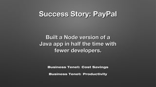 “PayPal has a long history of enterprise technologies such as
Java and C++. Since PayPal has adopted Node, I've been told
...