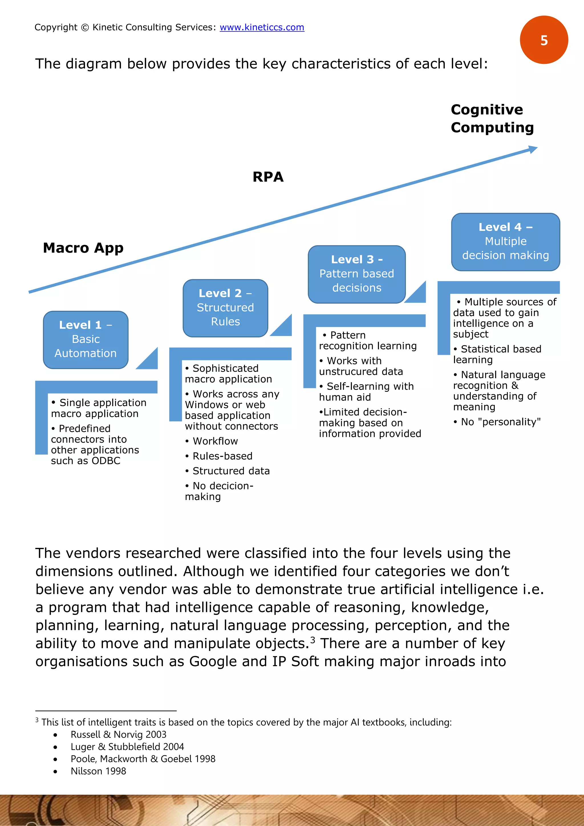 5
Copyright © Kinetic Consulting Services: www.kineticcs.com
The diagram below provides the key characteristics of each level:
The vendors researched were classified into the four levels using the
dimensions outlined. Although we identified four categories we don’t
believe any vendor was able to demonstrate true artificial intelligence i.e.
a program that had intelligence capable of reasoning, knowledge,
planning, learning, natural language processing, perception, and the
ability to move and manipulate objects.3
There are a number of key
organisations such as Google and IP Soft making major inroads into
3
This list of intelligent traits is based on the topics covered by the major AI textbooks, including:
 Russell & Norvig 2003
 Luger & Stubblefield 2004
 Poole, Mackworth & Goebel 1998
 Nilsson 1998
 Single application
macro application
 Predefined
connectors into
other applications
such as ODBC
 Sophisticated
macro application
 Works across any
Windows or web
based application
without connectors
 Workflow
 Rules-based
 Structured data
 No decision-
making
 Pattern
recognition learning
 Works with
unstructured data
 Self-learning with
human aid
Limited decision-
making based on
information provided
 Multiple sources of
data used to gain
intelligence on a
subject
 Statistical based
learning
 Natural language
recognition &
understanding of
meaning
 No "personality"
Level 1 –
Basic
Automation
Level 2 –
Structured
Rules
Level 3 -
Pattern based
decisions
ssmaking
Level 4 –
Multiple
decision making
Macro App
RPA
Cognitive
Computing
 
