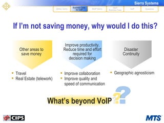 If I’m not saving money, why would I do this? What’s beyond VoIP Improve productivity. Reduce time and effort required for decision making MoIP Demo XoIP MoIP Business Case Questions Define Terms Business Case for VoIP Disaster Continuity Other areas to save money Travel Real Estate (telework) Improve collaboration Improve quality and speed of communication ? ? ? Geographic agnosticism Business Case for VoIP MoIP Business Case 