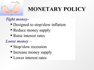 MONETARY POLICY Tight money -  Designed to stop/slow inflation Reduce money supply Raise interest rates Loose money  –  Stop/slow recession Increase money supply Lower interest rates 