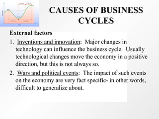 CAUSES OF BUSINESS CYCLES External factors 1.  Inventions and innovation :  Major changes in technology can influence the business cycle.  Usually technological changes move the economy in a positive direction, but this is not always so. 2.  Wars and political events :  The impact of such events on the economy are very fact specific- in other words, difficult to generalize about.  