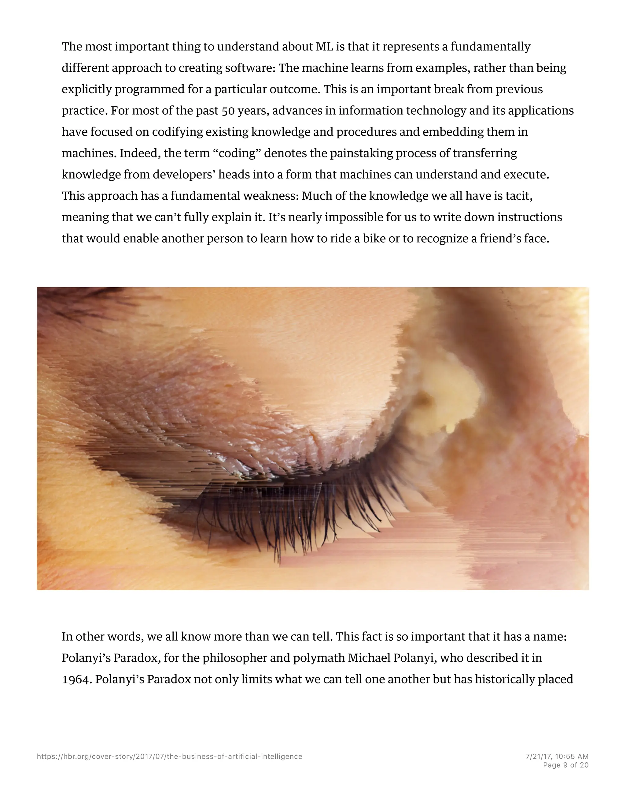 The most important thing to understand about ML is that it represents a fundamentally
different approach to creating software: The machine learns from examples, rather than being
explicitly programmed for a particular outcome. This is an important break from previous
practice. For most of the past 50 years, advances in information technology and its applications
have focused on codifying existing knowledge and procedures and embedding them in
machines. Indeed, the term “coding” denotes the painstaking process of transferring
knowledge from developers’ heads into a form that machines can understand and execute.
This approach has a fundamental weakness: Much of the knowledge we all have is tacit,
meaning that we can’t fully explain it. It’s nearly impossible for us to write down instructions
that would enable another person to learn how to ride a bike or to recognize a friend’s face.
In other words, we all know more than we can tell. This fact is so important that it has a name:
Polanyi’s Paradox, for the philosopher and polymath Michael Polanyi, who described it in
1964. Polanyi’s Paradox not only limits what we can tell one another but has historically placed
https://hbr.org/cover-story/2017/07/the-business-of-artificial-intelligence 7/21/17, 10=55 AM
Page 9 of 20
 