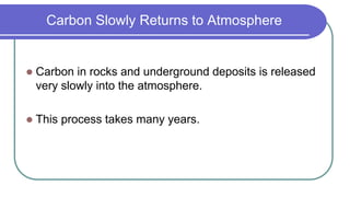 Carbon Slowly Returns to Atmosphere
 Carbon in rocks and underground deposits is released
very slowly into the atmosphere.
 This process takes many years.
 