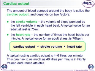 15 of 24 © Boardworks Ltd 2008
Cardiac output
The amount of blood pumped around the body is called the
cardiac output, and depends on two factors:
 the heart rate – the number of times the heart beats per
minute. A typical value for an adult at rest is 70bpm.
 the stroke volume – the volume of blood pumped by
the left ventricle in each heart beat. A typical value for an
adult at rest is 75ml.
cardiac output = stroke volume × heart rate
A typical resting cardiac output is 4–6 litres per minute.
This can rise to as much as 40 litres per minute in highly
trained endurance athletes.
 