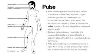 Pulse
• After blood is ejected from the heart, elastic
fibers in the arteries help maintain a high-
pressure gradient as they expand to
accommodate the blood, then recoil. This
expansion and recoiling effect, known as the
pulse, can be palpated manually or measured
electronically
• Because pulse indicates heart rate, it is
measured clinically to provide clues to a
patient’s state of health. It is recorded as beats
per minute.
• If the pulse is strong, then systolic pressure is
high. If it is weak, systolic pressure has fallen,
and medical intervention may be warranted.
 
