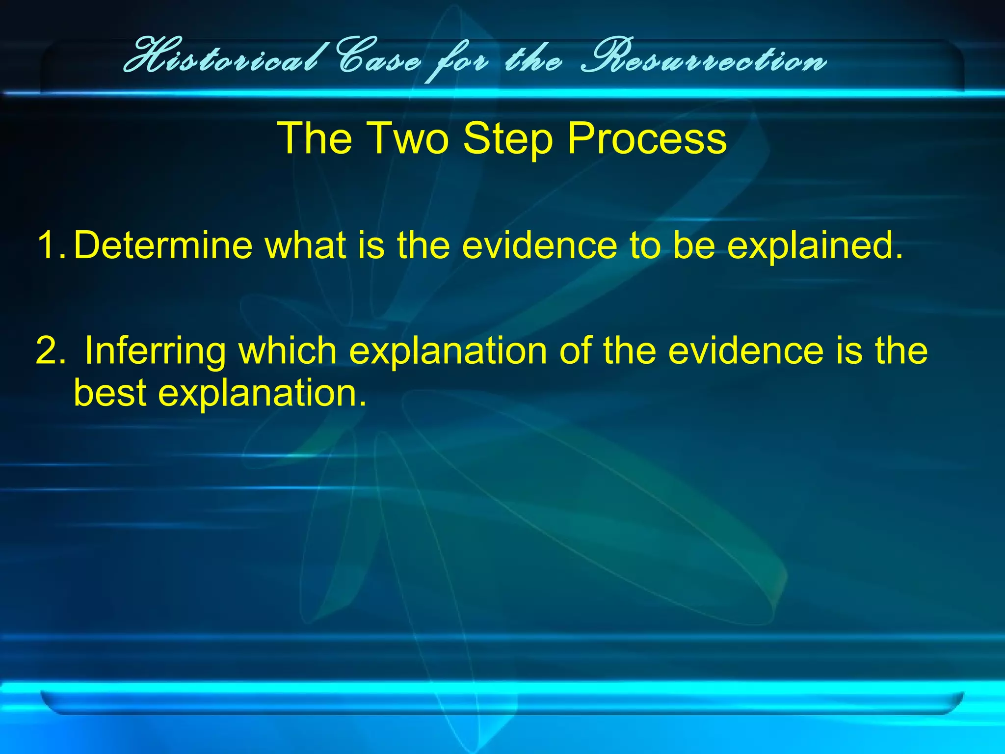 Historical Case for the Resurrection
The Two Step Process
1.Determine what is the evidence to be explained.
2. Inferring which explanation of the evidence is the
best explanation.
 