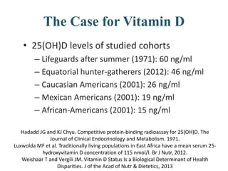The Case for Vitamin D
• 25(OH)D levels of studied cohorts
– Lifeguards after summer (1971): 60 ng/ml
– Equatorial hunter-gatherers (2012): 46 ng/ml
– Caucasian Americans (2001): 26 ng/ml
– Mexican Americans (2001): 19 ng/ml
– African-Americans (2001): 15 ng/ml
Hadadd JG and KJ Chyu. Competitive protein-binding radioassay for 25(OH)D. The
Journal of Clinical Endocrinology and Metabolism. 1971.
Luxwolda MF et al. Traditionally living populations in East Africa have a mean serum 25-
hydroxyvitamin D concentration of 115 nmol/l. Br J Nutr, 2012.
Weishaar T and Vergili JM. Vitamin D Status Is a Biological Determinant of Health
Disparities. J of the Acad of Nutr & Dietetics, 2013
 
