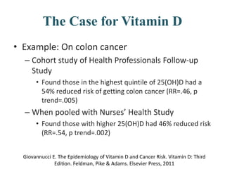 The Case for Vitamin D
• Example: On colon cancer
– Cohort study of Health Professionals Follow-up
Study
• Found those in the highest quintile of 25(OH)D had a
54% reduced risk of getting colon cancer (RR=.46, p
trend=.005)
– When pooled with Nurses’ Health Study
• Found those with higher 25(OH)D had 46% reduced risk
(RR=.54, p trend=.002)
Giovannucci E. The Epidemiology of Vitamin D and Cancer Risk. Vitamin D: Third
Edition. Feldman, Pike & Adams. Elsevier Press, 2011
 