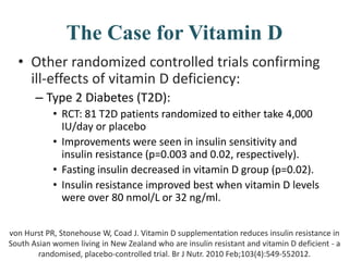 The Case for Vitamin D
• Other randomized controlled trials confirming
ill-effects of vitamin D deficiency:
– Type 2 Diabetes (T2D):
• RCT: 81 T2D patients randomized to either take 4,000
IU/day or placebo
• Improvements were seen in insulin sensitivity and
insulin resistance (p=0.003 and 0.02, respectively).
• Fasting insulin decreased in vitamin D group (p=0.02).
• Insulin resistance improved best when vitamin D levels
were over 80 nmol/L or 32 ng/ml.
von Hurst PR, Stonehouse W, Coad J. Vitamin D supplementation reduces insulin resistance in
South Asian women living in New Zealand who are insulin resistant and vitamin D deficient - a
randomised, placebo-controlled trial. Br J Nutr. 2010 Feb;103(4):549-552012.
 