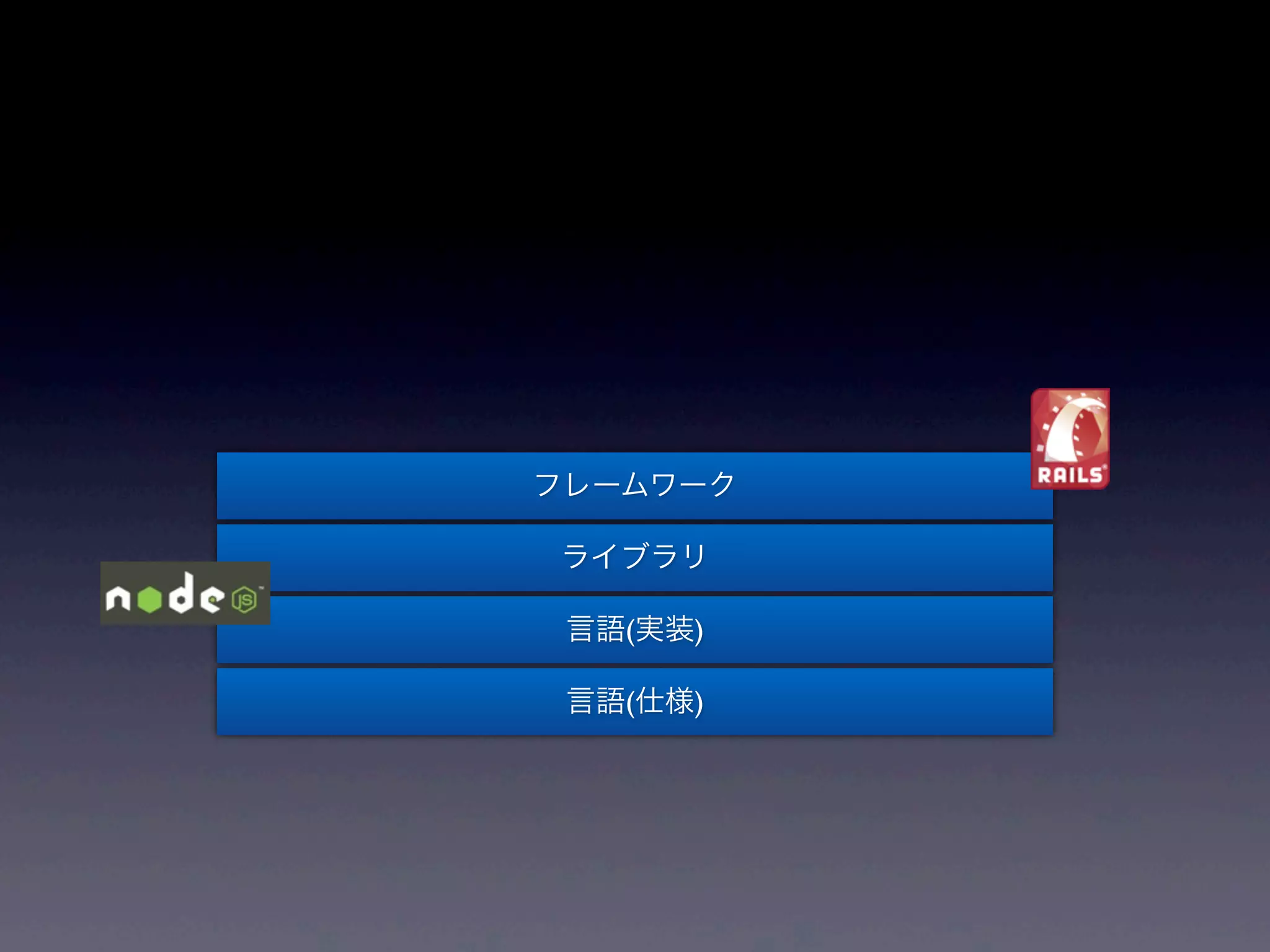 フレームワーク
ライブラリ
言語(実装)
言語(仕様)

 