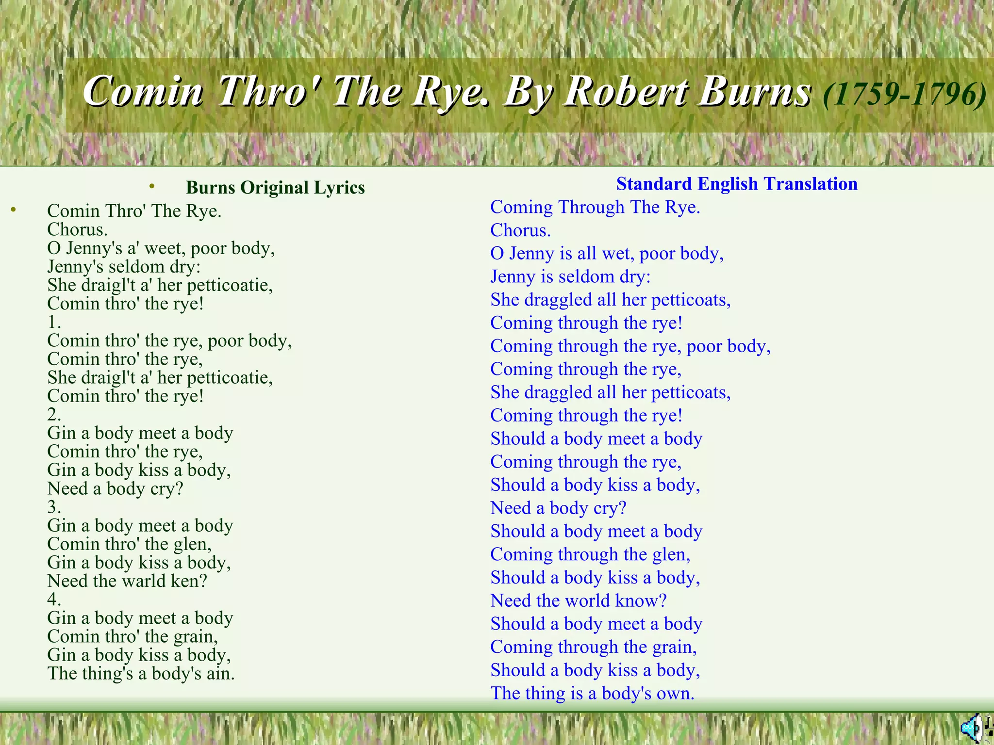 Comin Thro' The Rye.  By Robert Burns  (1759-1796) Burns Original Lyrics Comin Thro' The Rye.  Chorus.  O Jenny's a' weet, poor body,  Jenny's seldom dry:  She draigl't a' her petticoatie,  Comin thro' the rye!  1. Comin thro' the rye, poor body,  Comin thro' the rye,  She draigl't a' her petticoatie,  Comin thro' the rye!  2. Gin a body meet a body  Comin thro' the rye,  Gin a body kiss a body,  Need a body cry?  3. Gin a body meet a body  Comin thro' the glen,  Gin a body kiss a body,  Need the warld ken?  4. Gin a body meet a body  Comin thro' the grain,  Gin a body kiss a body,  The thing's a body's ain.  Standard English Translation Coming Through The Rye. Chorus.  O Jenny is all wet, poor body, Jenny is seldom dry: She draggled all her petticoats, Coming through the rye! Coming through the rye, poor body, Coming through the rye, She draggled all her petticoats, Coming through the rye! Should a body meet a body Coming through the rye, Should a body kiss a body, Need a body cry? Should a body meet a body Coming through the glen, Should a body kiss a body, Need the world know? Should a body meet a body Coming through the grain, Should a body kiss a body, The thing is a body's own.  