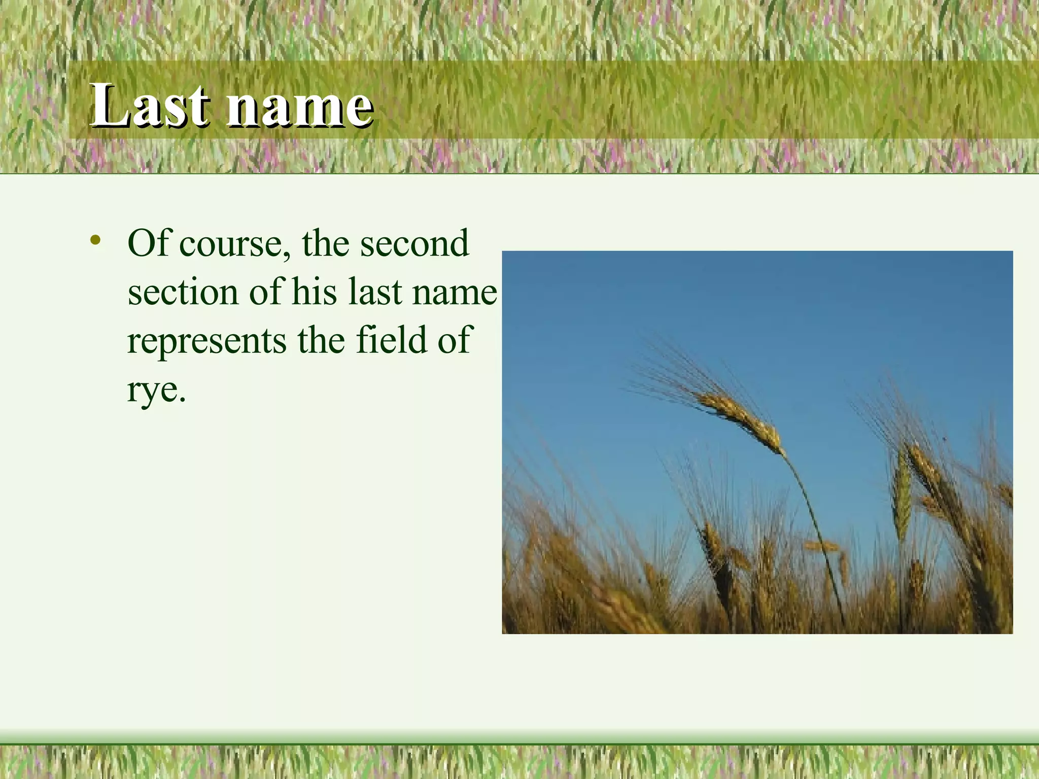Last name Of course, the second section of his last name represents the field of rye.  