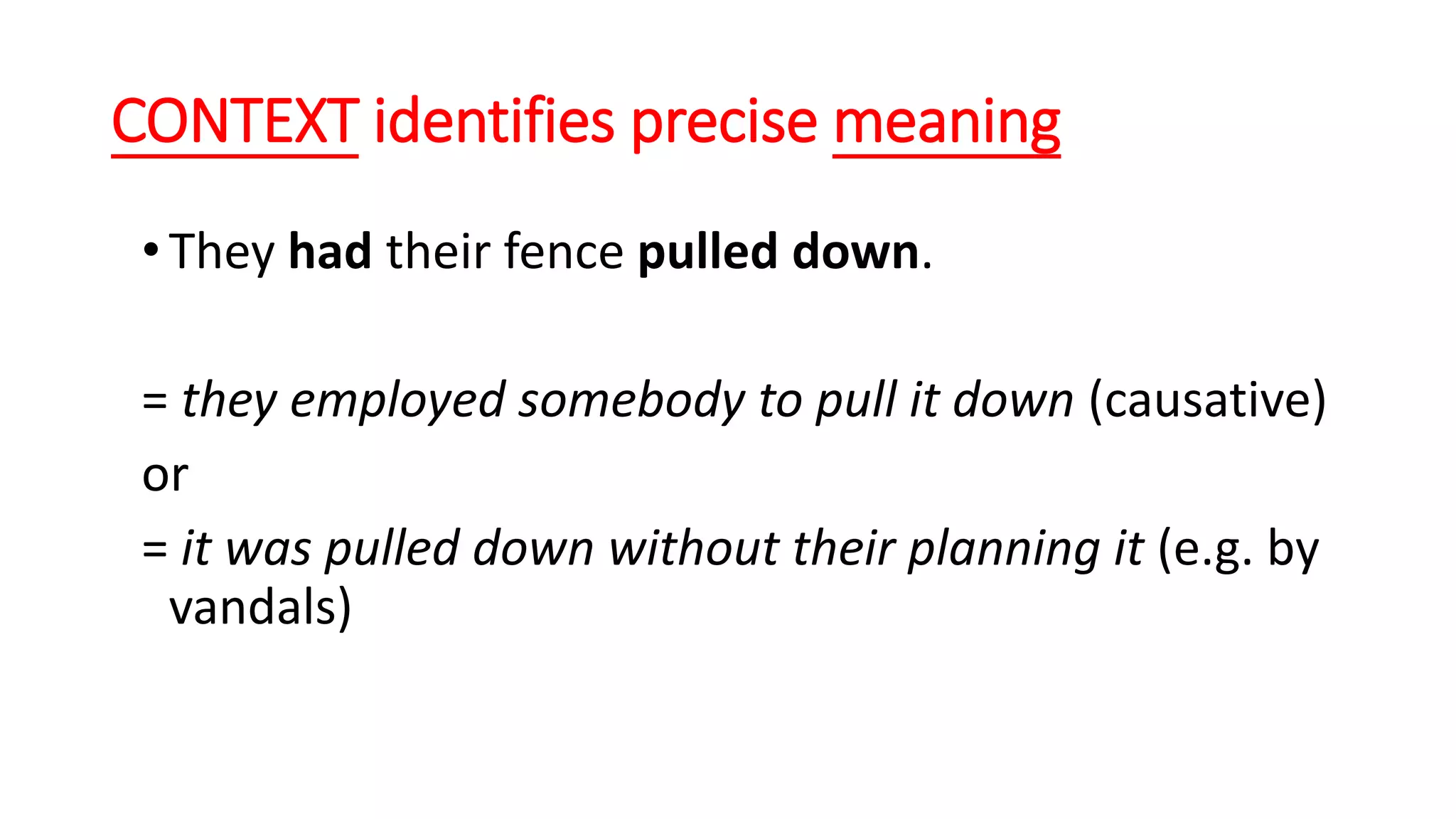 CONTEXT identifies precise meaning
• They had their fence pulled down.
= they employed somebody to pull it down (causative)
or
= it was pulled down without their planning it (e.g. by
vandals)
 