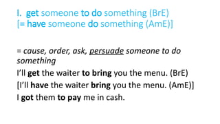 I. get someone to do something (BrE)
[= have someone do something (AmE)]
= cause, order, ask, persuade someone to do
something
I’ll get the waiter to bring you the menu. (BrE)
[I’ll have the waiter bring you the menu. (AmE)]
I got them to pay me in cash.
 