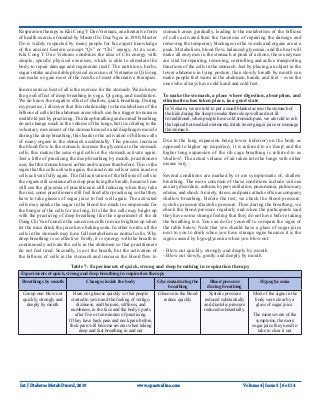 Int J Diabetes Metab Disord, 2019 www.opastonline.com
Respiration therapy in Khi Cong YDao Vietnam, an alternative form
of health exercise founded by Master Do Duc Ngoc in 1980, Master
Do is widely respected by many people for his expert knowledge
of the ancient Eastern concept “Qi” or “Chi” energy. At its core,
Khi Cong Y Dao Vietnam combines the idea of Chi energy with
simple, specific physical exercises, which is able to stimulate the
body to repair damage and regenerate itself. The nutritions, herbs,
sugar intake and suitable physical exercises of Vietnamese Qi Gong
can make us gain most of the results of most alternative therapies.
Inner exercise: best of all is the exercise for the stomach. We do know
the good effect of deep breathing in yoga, Qi gong, and meditation.
We do know the negative effect of shallow, quick breathing. During
my practice, I discover that this relationship to the metabolism of the
billions of cells in the abdomen areas which can be a trigger to increase
multifold just by practicing. The deep breathing and normal breathing
do not change much in the volume of the lungs, but it is relating to the
voluntary movement of the stomach muscle and diaphragm muscle
during the deep breathing, this leads to the activation of billons cells
of many organs in the stomach accidentally. This process increase
the blood flow to the stomach, increase the glycemia to the stomach
cells, this makes the semi-rigid cells in the stomach activate again.
Just a little of practicing the deep breathing by mouth, practitioners
may feel the stomach more soften and warmer than before. This is the
signs that the cells activate again, the inactivate cells or semi inactive
cells activate fully again. The full activation of the billions of cells in
the organs still continue after stop practicing the breath, because I can
still see the glycemia of practitioners still reducing when they take
the rest, some practitioners still feel tired after practicing so that they
have to take glasses of sugar juice to feel well again. The activated
cells may uptake the sugar in the blood too much to compensate for
the hunger of the cells for too long. It is like the cells may bright up
with the practicing of deep breathing like the experiment of the dr
Dang Chi Van found in the cancerous cells in mice brighten up when
let the mice drink the juice have baking soda. In other words, all the
cells in the stomach may have full metabolism as normal cells. Why
deep breathing is so effective: firstly, it is synergy with the breath to
continuously activate the cells in the abdomen so that practitioners
do not feel tired. Secondly, is not the breath, but the activation of
the billions of cells in the stomach and increase the blood flow to
stomach areas gradually, leading to the metabolism of the billions
of cells activated then the functions of repairing the damage and
removing the temporary blockages in the vessels and organs are at a
peak. Metabolism, blood flow, balanced glycemia, and the heat will
make all enzymes in the stomach at peak of actions, these enzymes
are vital for repairing, removing, controlling and active transporting
functions of the cells in the stomach. Just by placing, an object in the
lower abdomen in lying posture, then slowly breath by mouth can
make people feel warm in the abdomen, hands, and feet – even the
ones who always have cold hand and cold feet.
To make the stomach, a place where digestion, absorption, and
elimination has taken place, in a good state
In Vietnam, we are told to put a small blanket across the stomach of
the kids during the sleep to make them sleep well and not ill.
In traditional, when people have cold stomach pain, we are told to rub
the topical hot medical ointments, drink sweet ginger juice or massage
the stomach
Due to the lung expansion being lower (inferior) on the body as
opposed to higher up (superior), it is referred to as 'deep' and the
higher lung expansion of the rib cage breathing is referred to as
'shallow'. The actual volume of air taken into the lungs with either
means vary.
Several conditions are marked by or are symptomatic of, shallow
breathing. The more common of these conditions include various
anxiety disorders, asthma, hyperventilation, pneumonia, pulmonary
edema, and shock.Anxiety, stress, and panic attacks often accompany
shallow breathing. Before the test, we check the blood pressure:
systolic pressure/diastolic pressure. Then during the breathing, we
check the blood pressure regularly and when the participants said
they have some strange feeling that they do not have before taking
the breathing test. You can do for yourself to compare the signs of
the table below. Note that you should have a glass of sugar juice
next to you to drink when you have strange signs because it is the
signs caused by hypoglycemia when you blow out:
- Blow out quickly, strongly and deeply by mouth
- Blow out slowly, gently and deeply by mouth
Table 7: Experiments of quick, strong and deep breathing in respiration therapy
Experiments of quick, strong and deep breathing in respiration therapy
Breathings by mouth Changes inside the body Glycemia during the
breathing
Blood pressure
during breathing
Hypoglycemia
Group one: blow out
quickly, strongly and
deeply by mouth
Burn out glucose quickly so that people
started to yawn and the feeling of vertigo,
dizziness, and the pain, stiffness, and
numbness, in the face and the body’s parts
after five or ten minutes of practicing.
If they have back pain and neck pain before,
their pain will become severer when taking
deep and fast breathing in and out
Glucose in the blood
reduce quickly
Systolic pressure
reduced substantially
and diastolic pressure
reduced substantially.
Most of the signs in the
body were clear by a
glass of sugar juice.
The more severe of the
symptoms, the more
sugar juice they need to
take to clear it out
Volume 4 | Issue 5 | 6 of 14
 