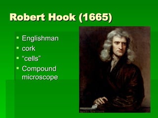Robert Hook (1665) Englishman cork “cells” Compound microscope 