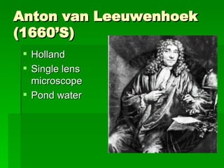 Anton van Leeuwenhoek (1660’S) Holland Single lens microscope Pond water 